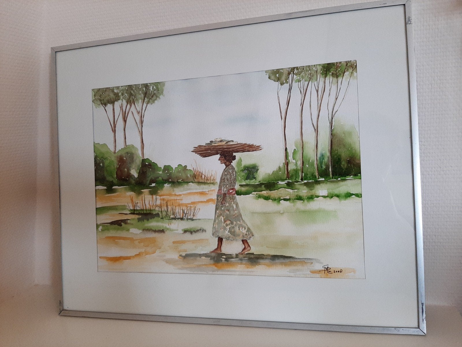 Ingelijste aquarel landschap met vrouw, Antiek en Kunst, Kunst | Schilderijen | Modern, Ophalen of Verzenden