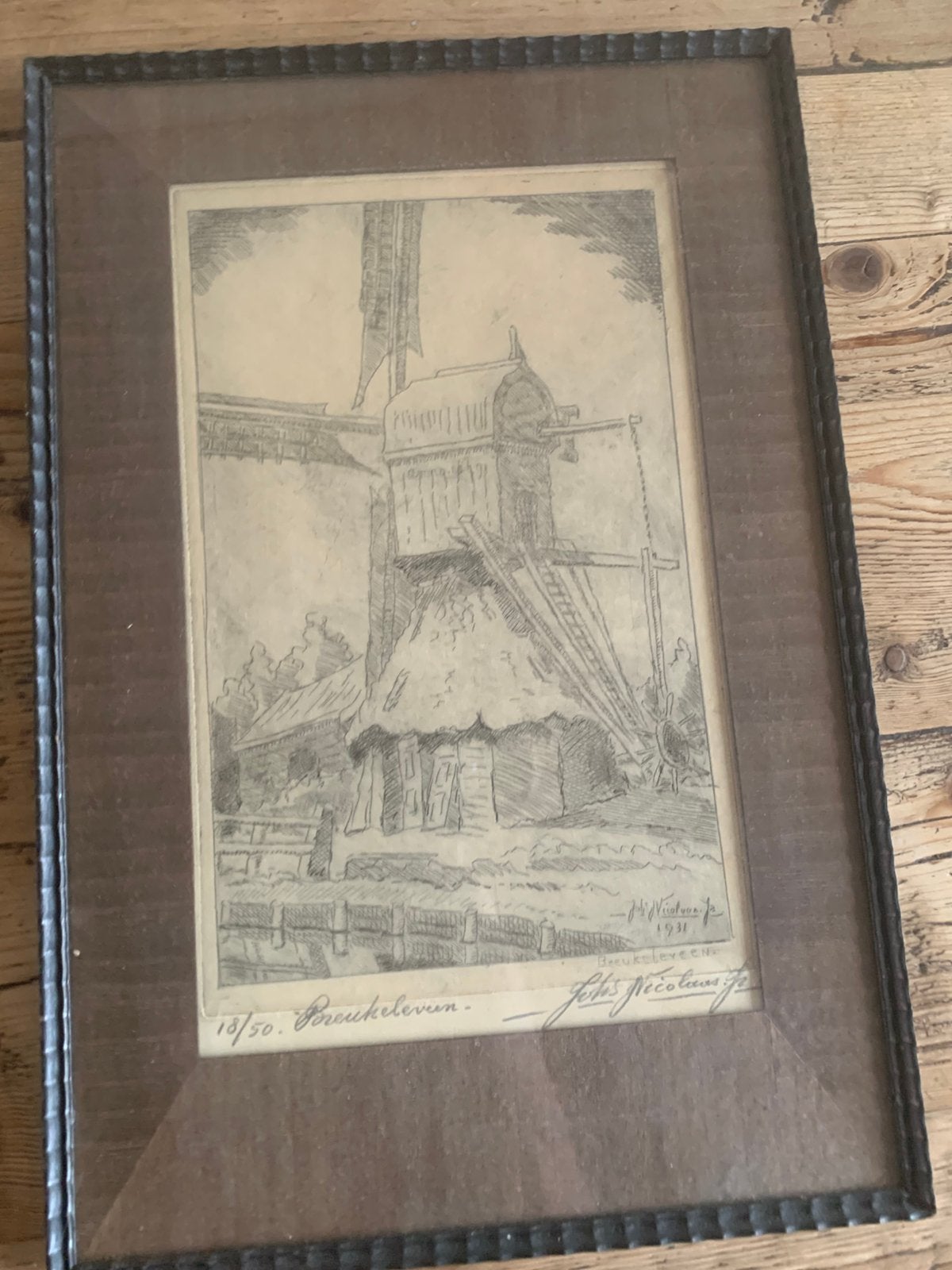 Breukeleveen molen ets gravure F.Nicolaas 1931, Ophalen of Verzenden