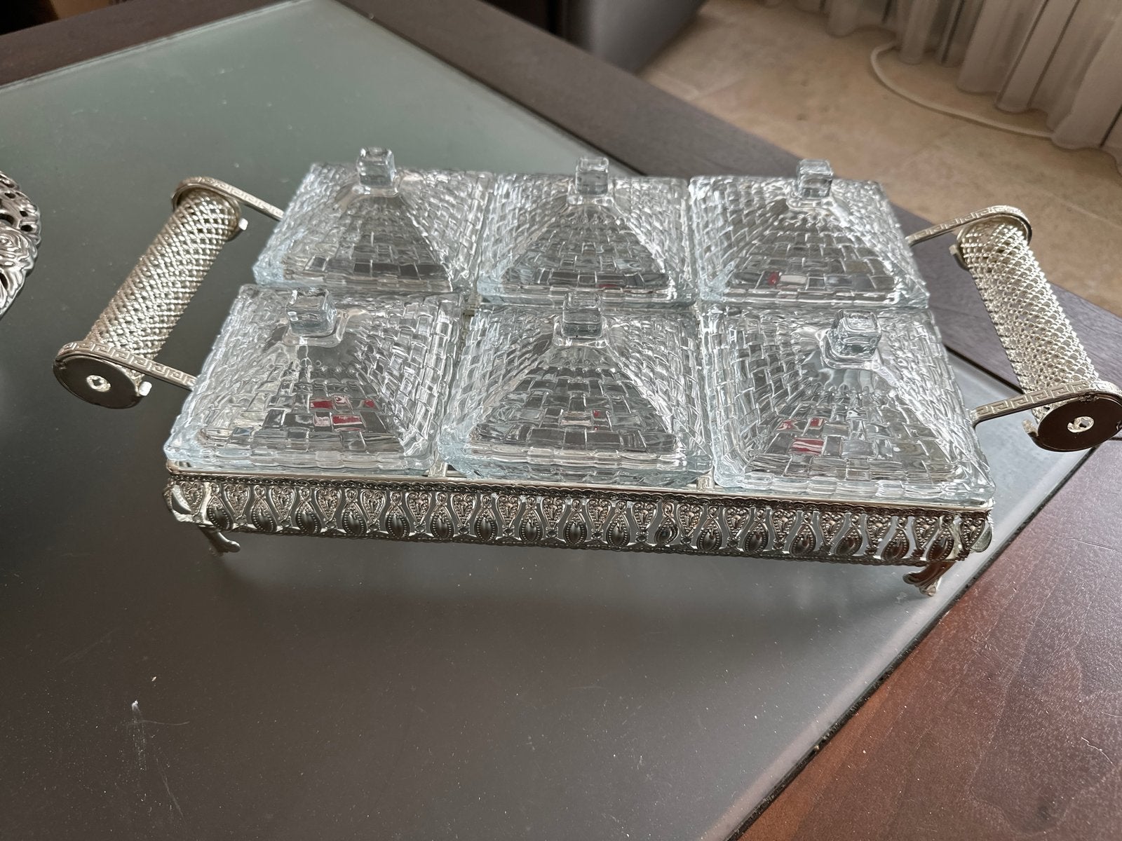 Decoratieve schaal met 6 glazen bakjes, Ophalen of Verzenden