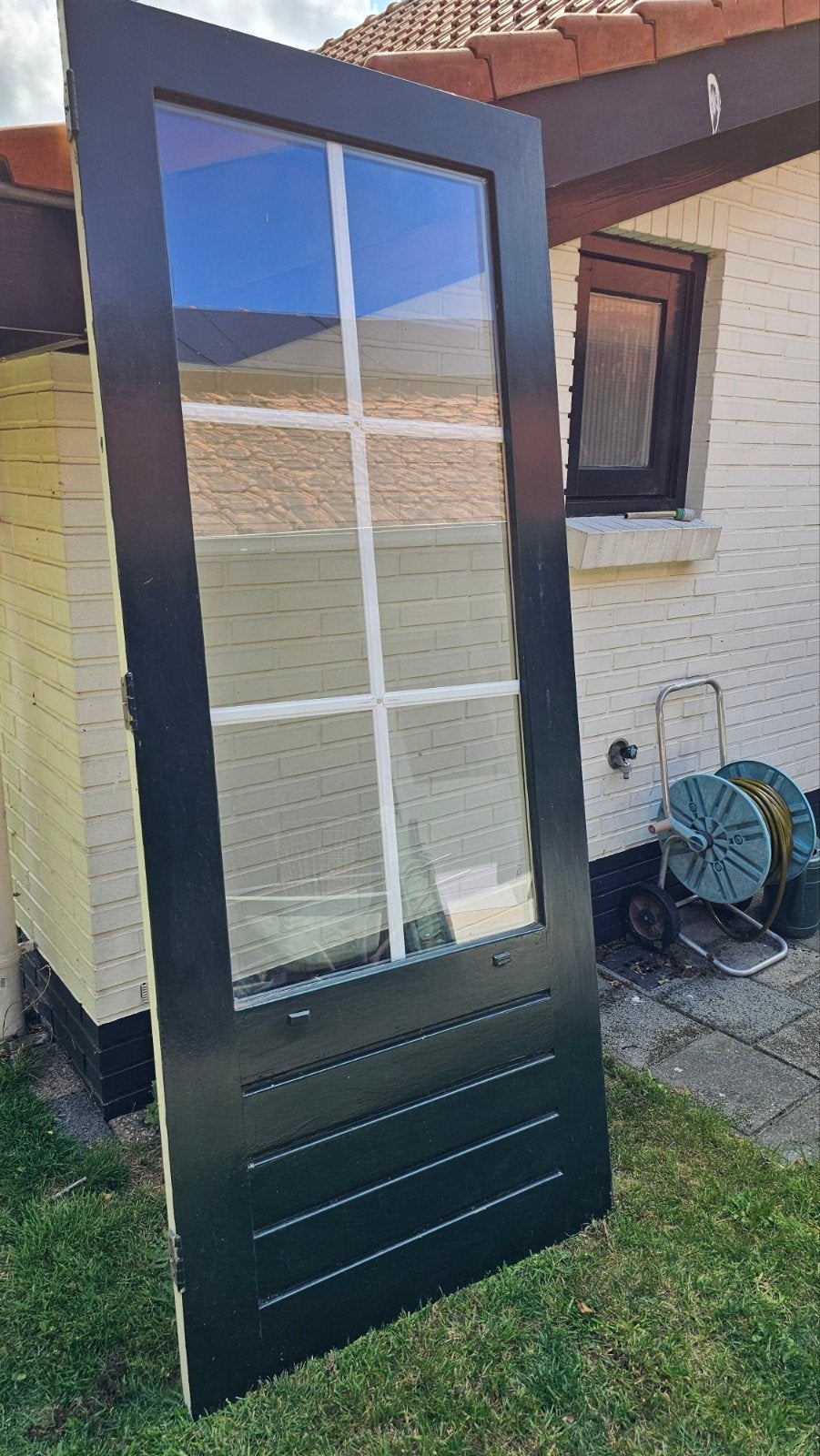 Houten buitendeur met dubbel glas., Gebruikt, 80 tot 100 cm, Ophalen of Verzenden, Buitendeur