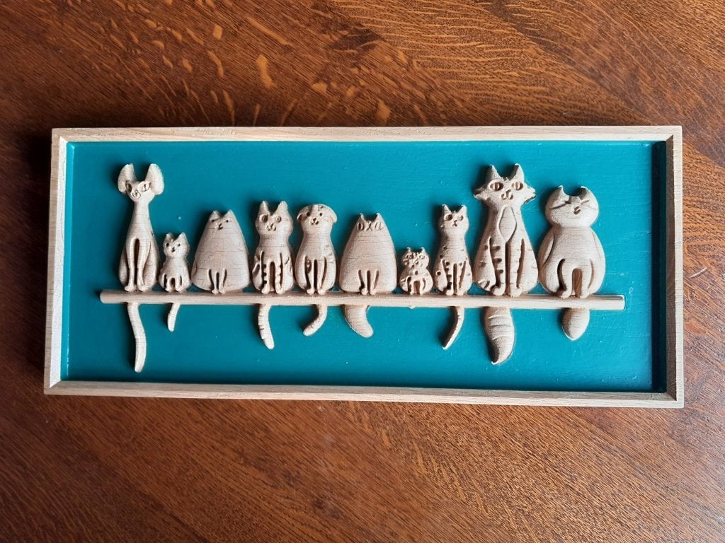 wanddecoratie 10 katten op een rij, 46 cm, Hout, Eigen ontwerp, Nieuw