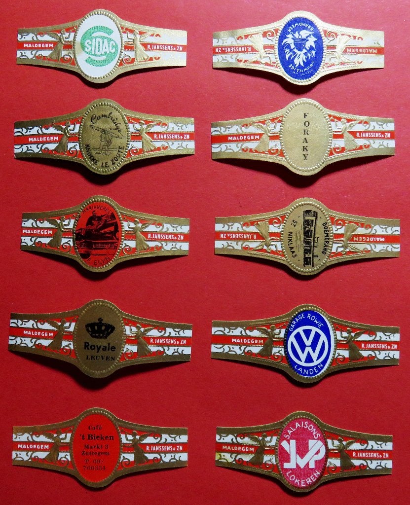 Sigarenbandjes reclamebandjes R.Janssens & Zn. 10x, Verzenden, Gebruikt, Sigarenbandjes