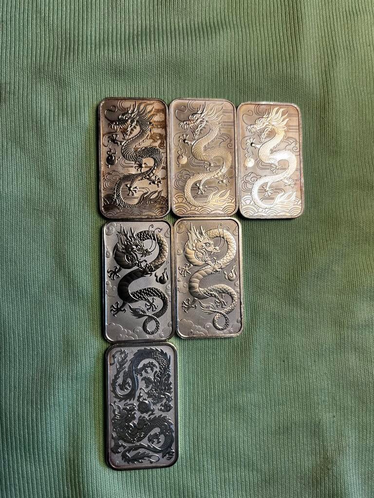 6 rectangle dragon met mooie patina, Verzenden, Zilver
