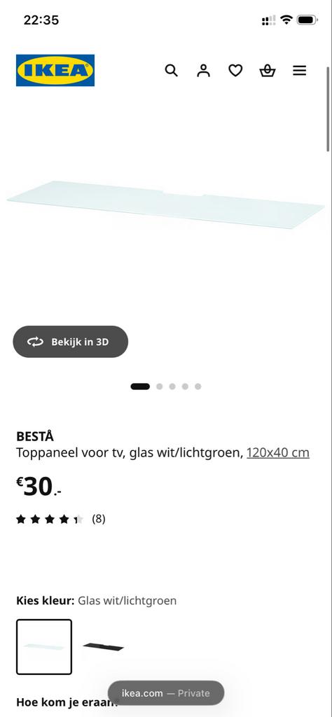 BESTÅ Toppaneel voor tv, glas wit/lichtgroen, 120x40 cm, Ophalen, Besta, 100 tot 150 cm, Minder dan 100 cm