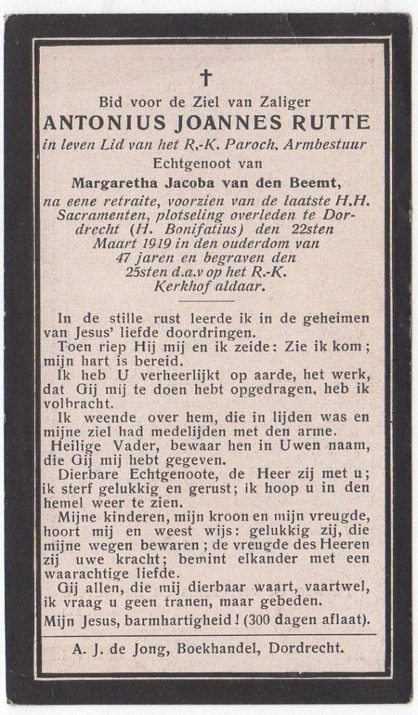 Antonius J. Rutte 1871 Dordrecht + 1919 Dordrecht, 47 jaar, Verzamelen, Bidprentjes en Rouwkaarten, Verzenden