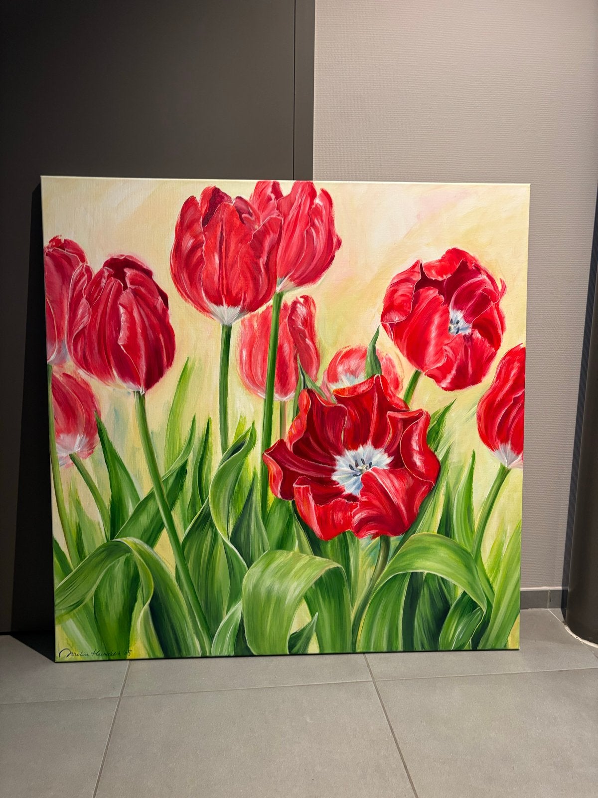 Schilderij rode tulpen 120x120 cm - Handgeschilderd, Handgeschilderd, Ophalen of Verzenden, Olieverf, Bloemen