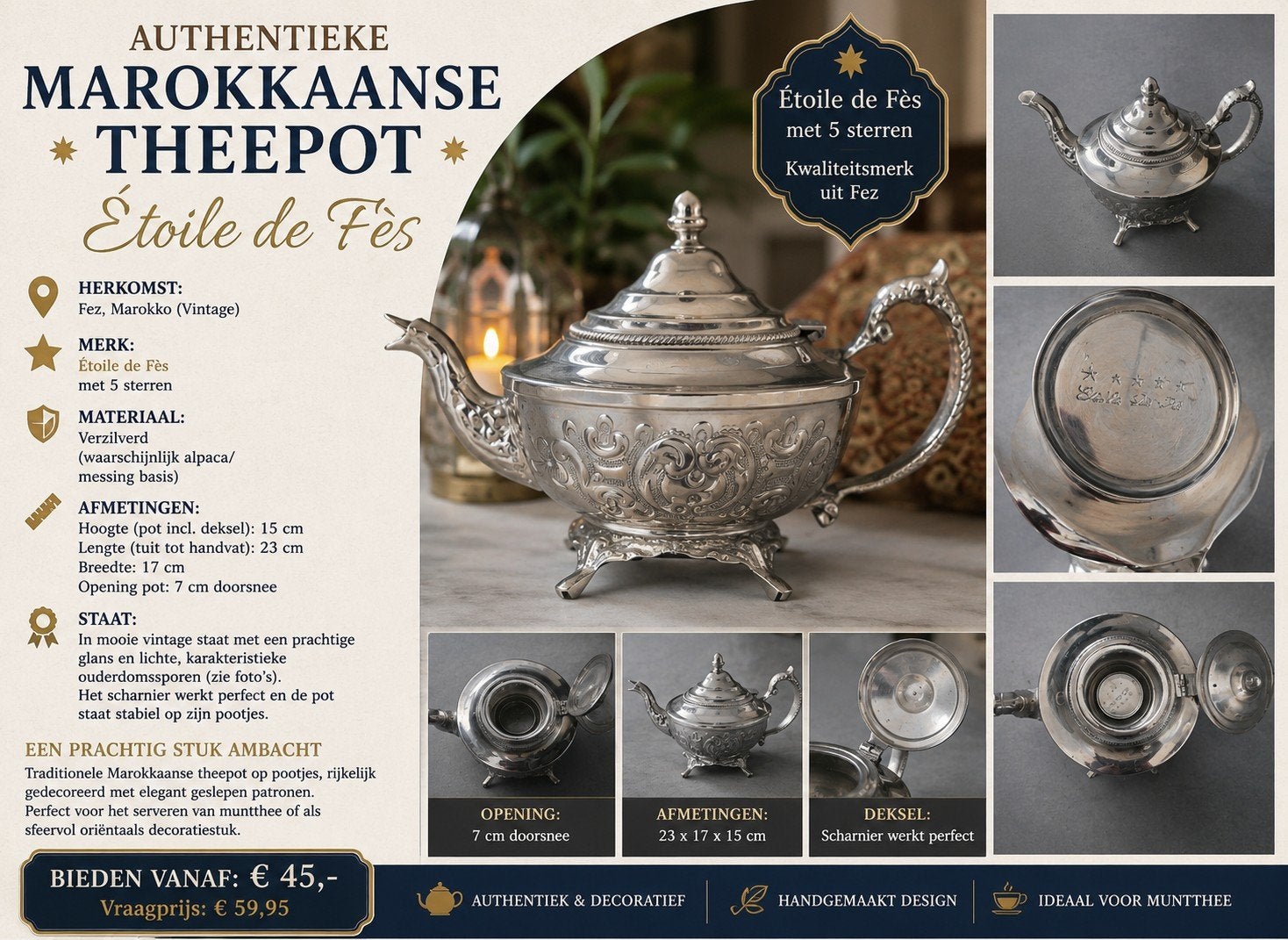 Marokkaanse vintage theepot  Étoile de Fès, Ophalen of Verzenden, Zilver