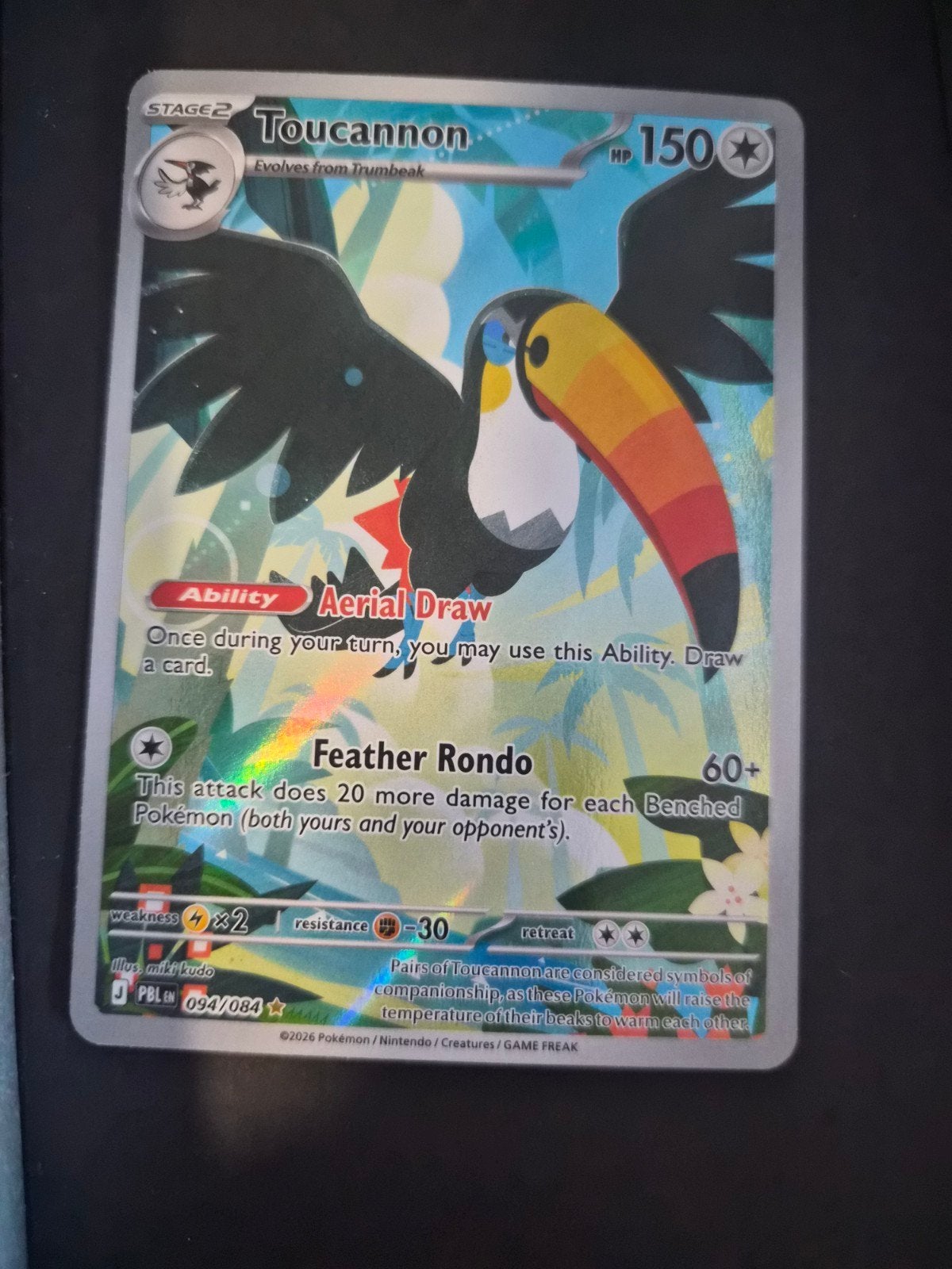 Pokémon Kaart Toucannon pbl 094/084 - Zeldzaam Foil, Ophalen of Verzenden, Zo goed als nieuw, Losse kaart, Foil