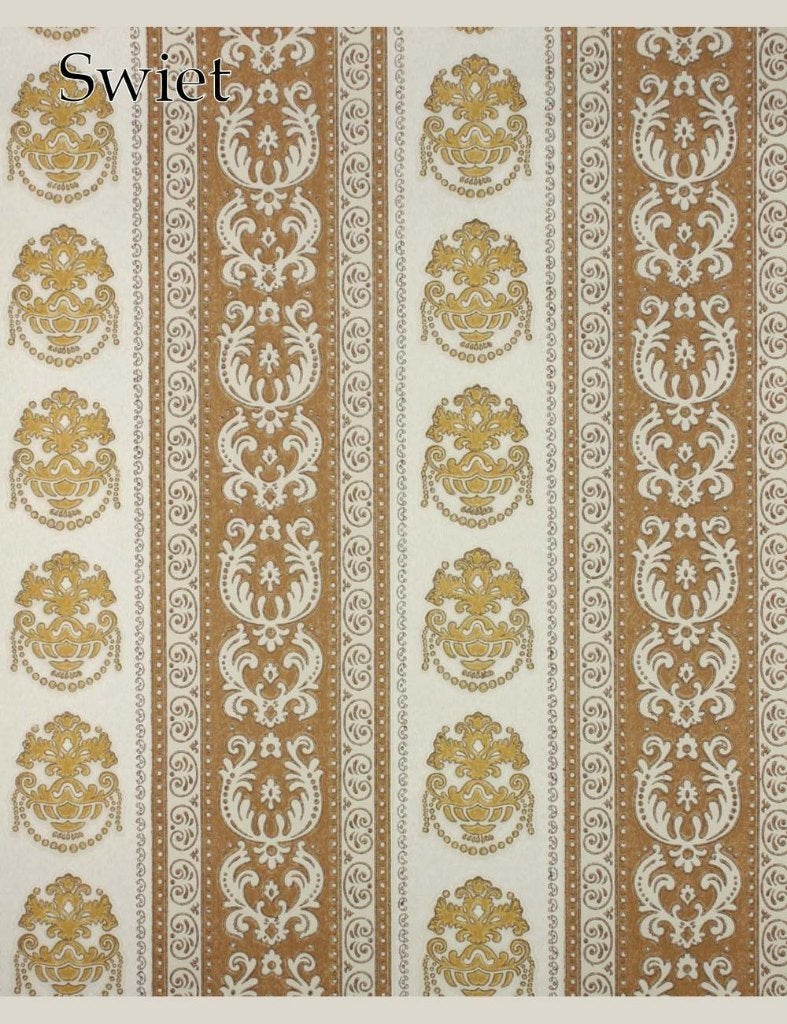 3716 Goudbruin retrobehang met barokstrepen  ornament swiet, Ophalen of Verzenden, Bruin