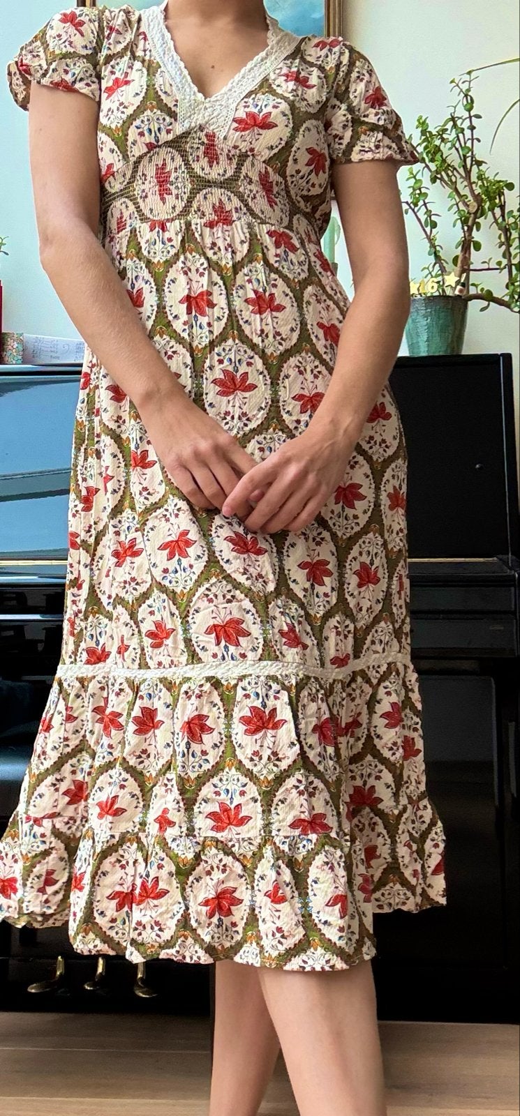 Springfield zomerjurk met bloemenprint en kanten details, Zo goed als nieuw, Maat 36 (S), Onder de knie, Meerkleurig