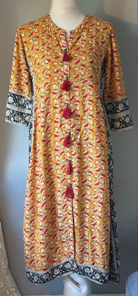 Bohemien Kurta / Maxi Jurk met Kwastjes - Geel/Zwart - Maat, Kleding | Dames, Maat 38/40 (M), Geel, Ophalen of Verzenden, Gedragen