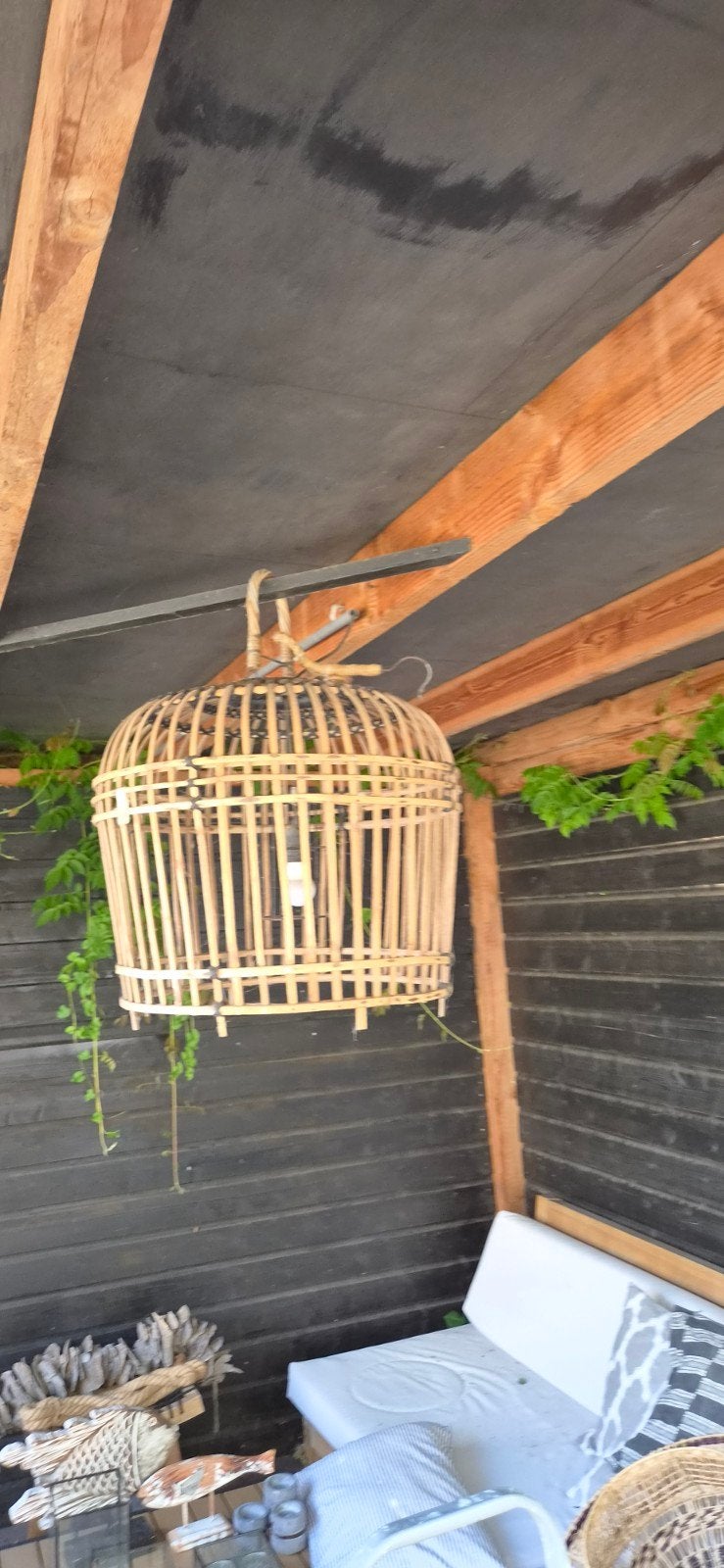 Grote bamboe hanglamp voor buiten of binnen, Bohemian, Natuurlijk, Landelijk, Zo goed als nieuw, Overige houtsoorten, 50 tot 75 cm