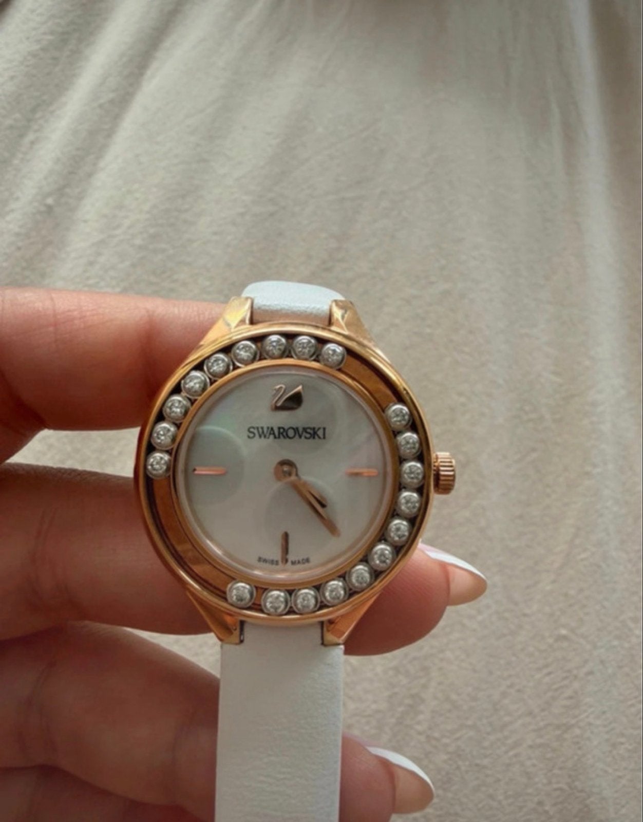 Swarovski Polshorloge met Kristallen en Wit Leren Bandje, Overige merken, Overige materialen, Leer, Polshorloge