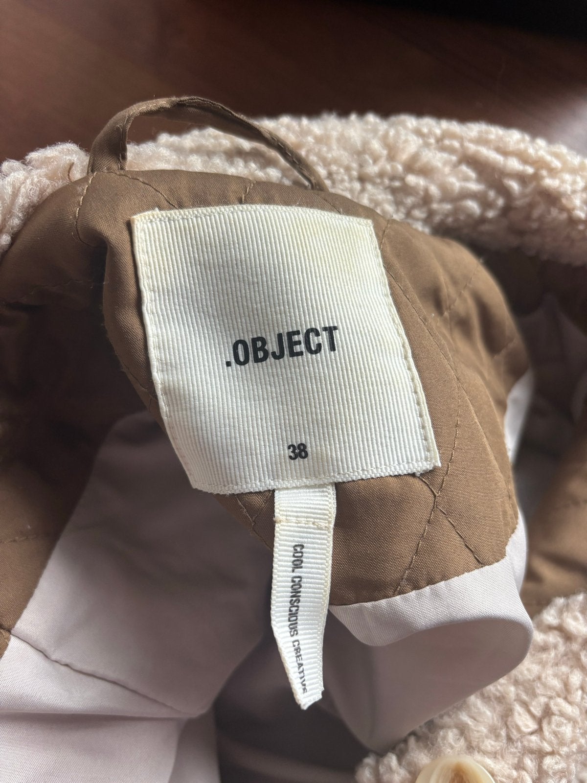 Lange teddy OBJECT winterjas, maat 38!, Verzenden, Zo goed als nieuw, Maat 38/40 (M), Beige