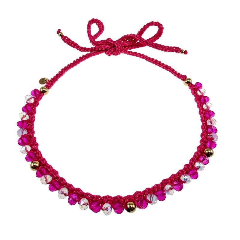 Exclusieve Damesketting Fuchsia Haakwerk met Kristallen RVS, Staal, Birgitta-Gracht 33, 6465 EL Kerkrade, Nederland, Verzenden