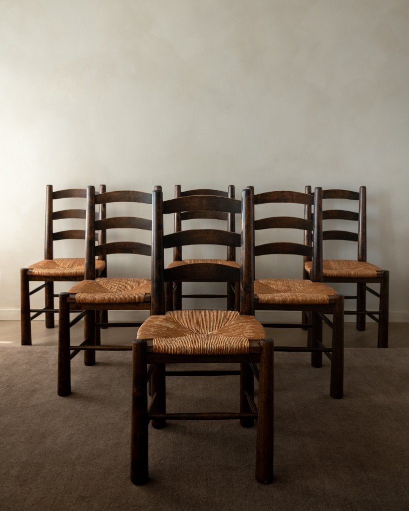 Vintage Brutalist Eetkamerstoelen Georges Robert Set van 6, Bruin, N/A, N/A, Vijf, Zes of meer stoelen