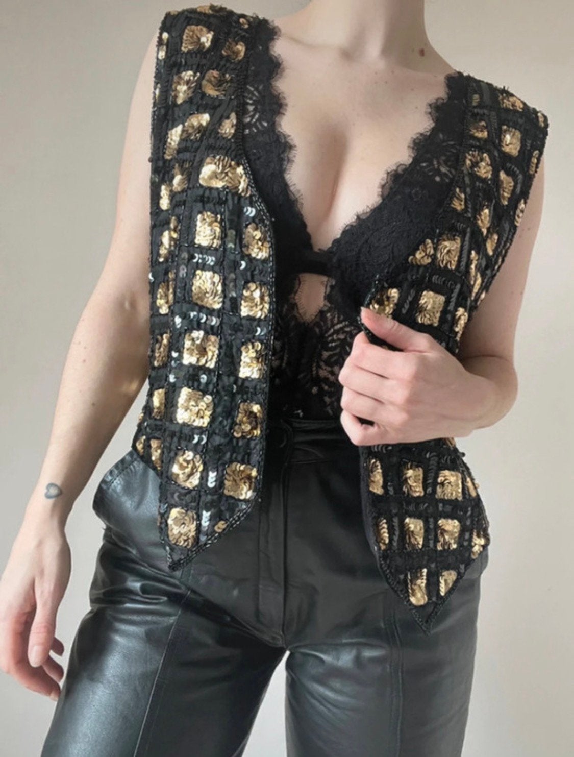 Vintage pailletten gilet, M/L. Sequin glitter boho party, Maat 38/40 (M), Verzenden, Zwart, Vintage