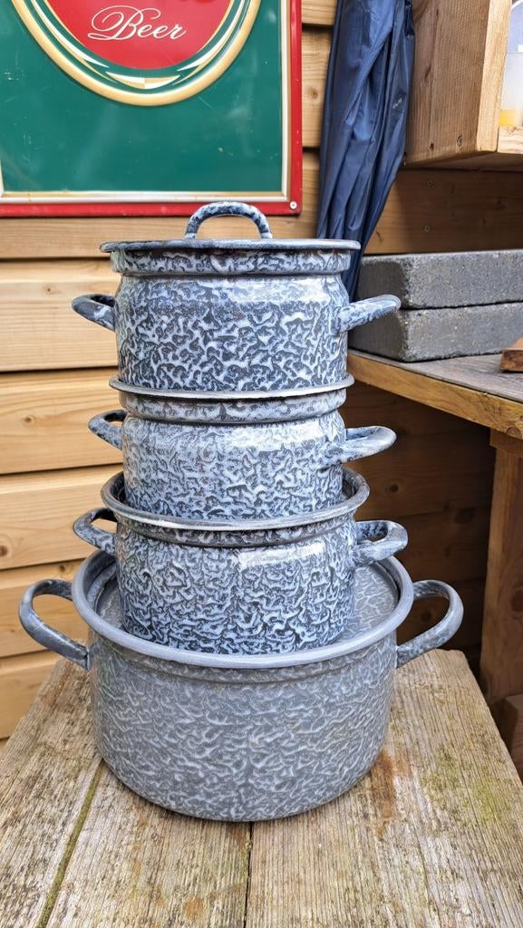 Vintage emaille pannen set - 4 stuks, grijs gespikkeld, Ophalen of Verzenden