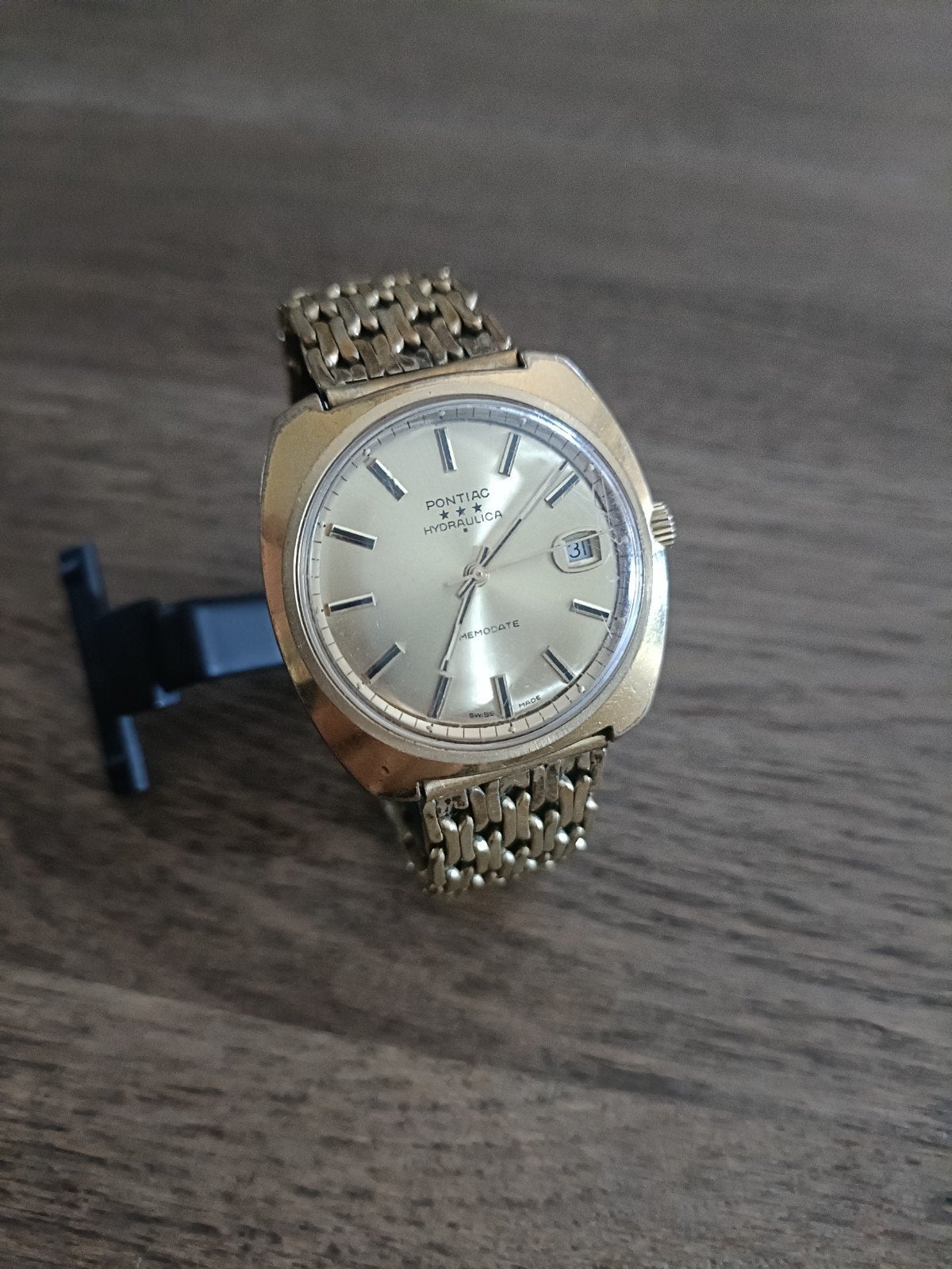 Vintage Heren Horloge Pontiac Hydrolica Compressor Case ***, Gebruikt, Pontiac, Geel, Ophalen of Verzenden