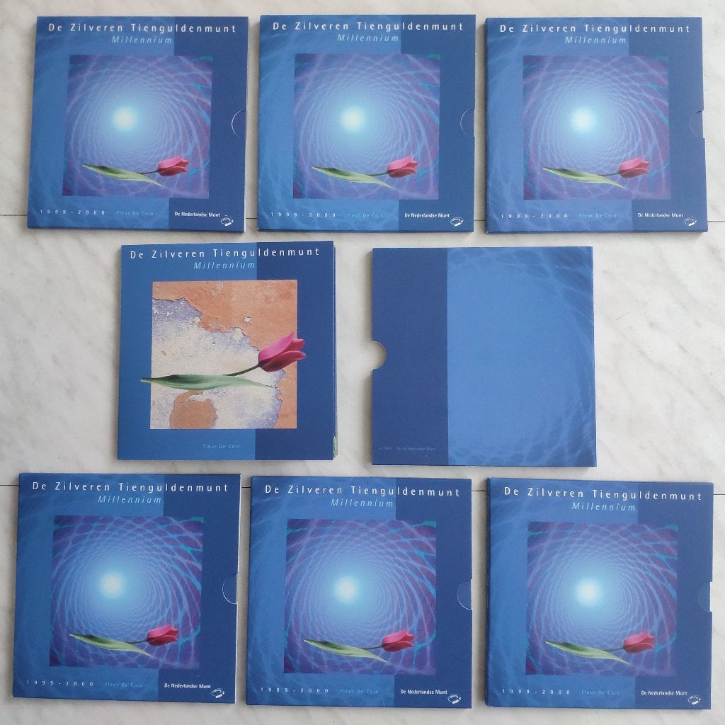 7x De Zilveren Tienguldenmunt Millennium 1999-2000 FDC, Ophalen, Koningin Beatrix, 10 gulden, Zilver