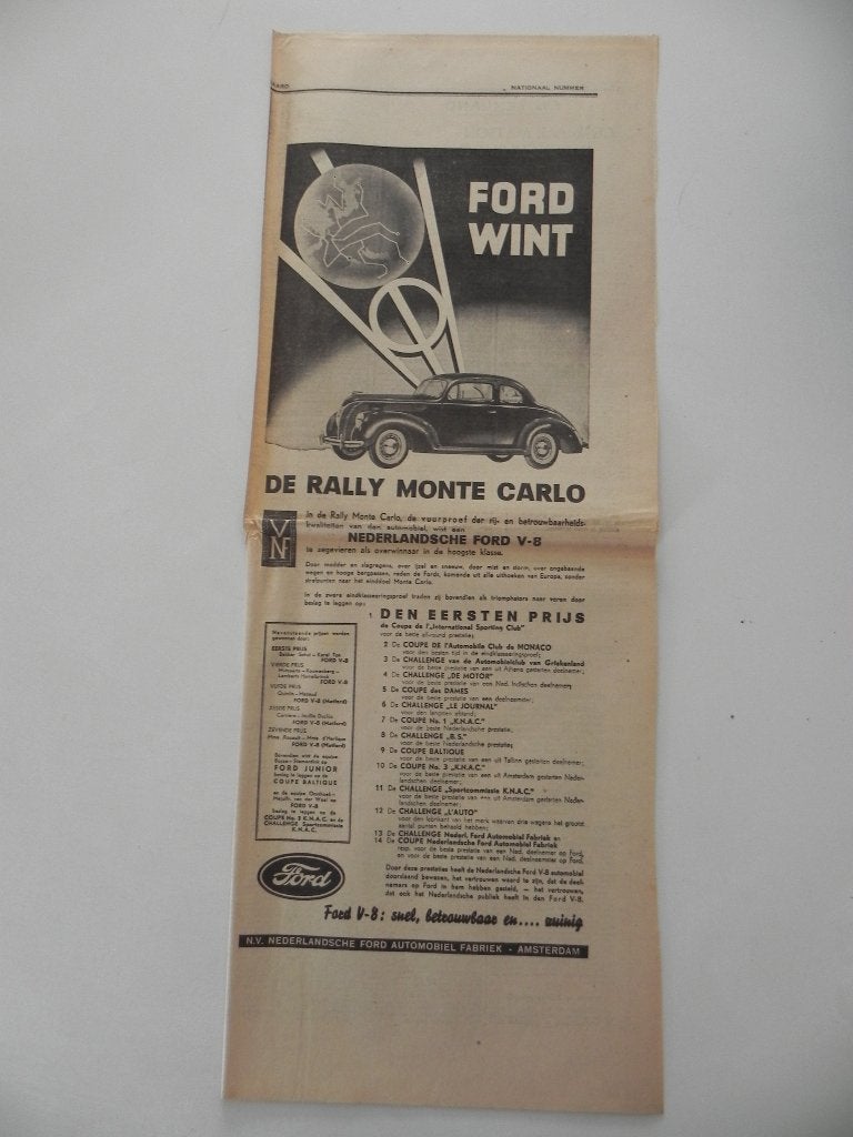 Advertentie Ford Nederland: Ford V-8 wint Rally Monte Carlo, Ophalen of Verzenden, Gebruikt, Overige typen