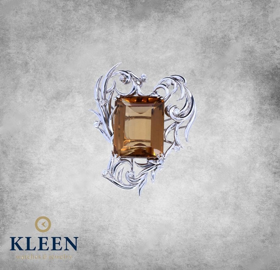 Sierlijke 18K witgouden Broche met diamant & siersteen, Ophalen of Verzenden, Zo goed als nieuw, Info@kleenedelmetalen.nl, Goud