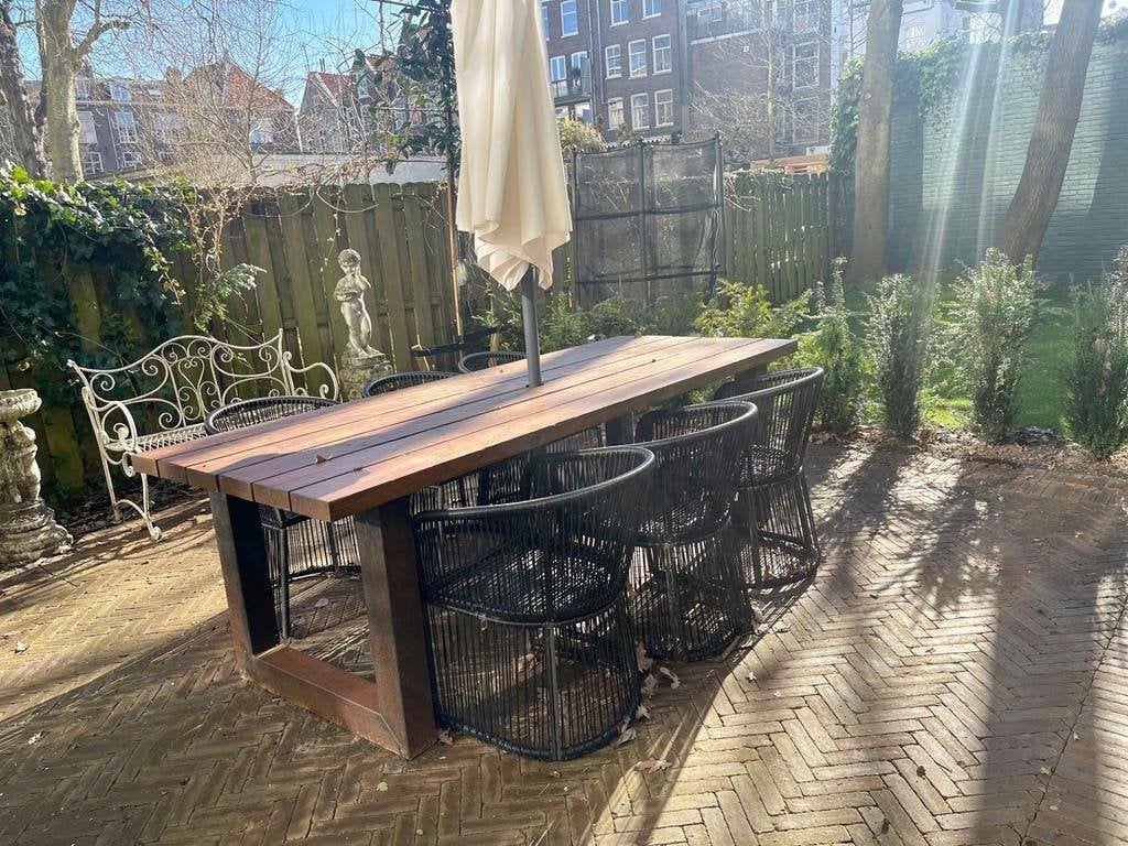 Grote tuintafel met 6 stoelen, Ophalen of Verzenden, Gebruikt, Rechthoekig, Hout