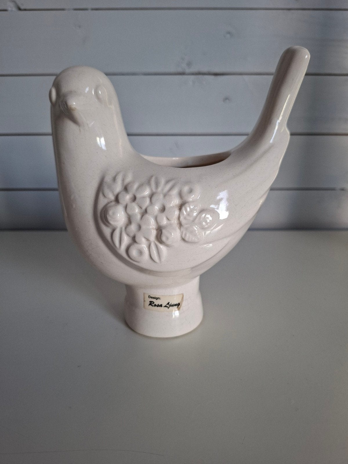Vintage bloempot vogel Rosa Ljung Zweden keramiek crème, Ophalen of Verzenden