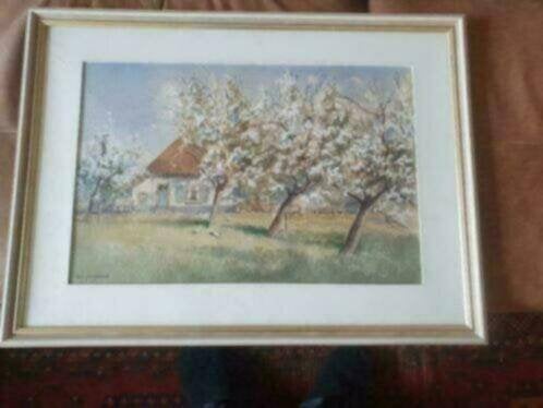 aquarel Gerrit van Jeveren boerderij bloeiende bomen, Ophalen