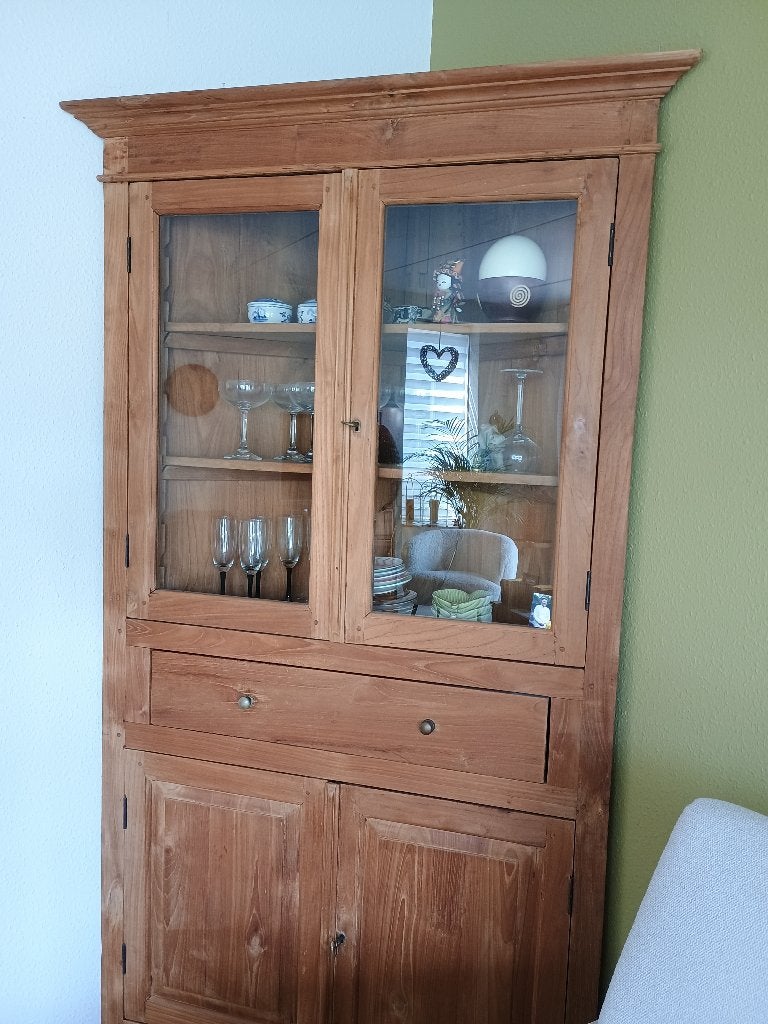 Hoekkast van teakhout met glazen deuren en lade, Ophalen, Gebruikt, Met deur(en), 200 cm of meer