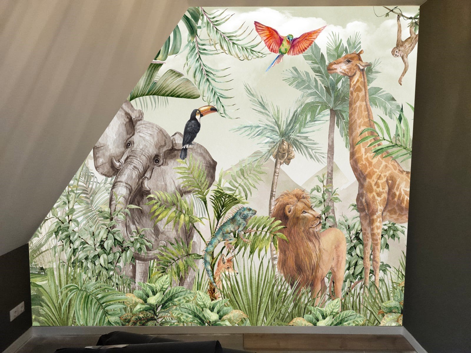 Jungle Dieren  Airtex Fotobehang 354x256, Huis en Inrichting, Ophalen, 125 cm of meer, Zo goed als nieuw, Foto of Poster