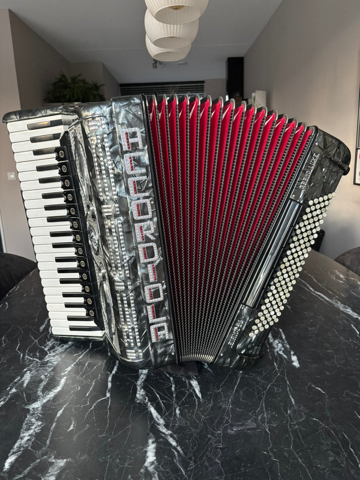 Accordiola Piano V Star Grand Luxe 120 bas grijs parelmoer, Ophalen, Zo goed als nieuw, 120-bas, Accordiola