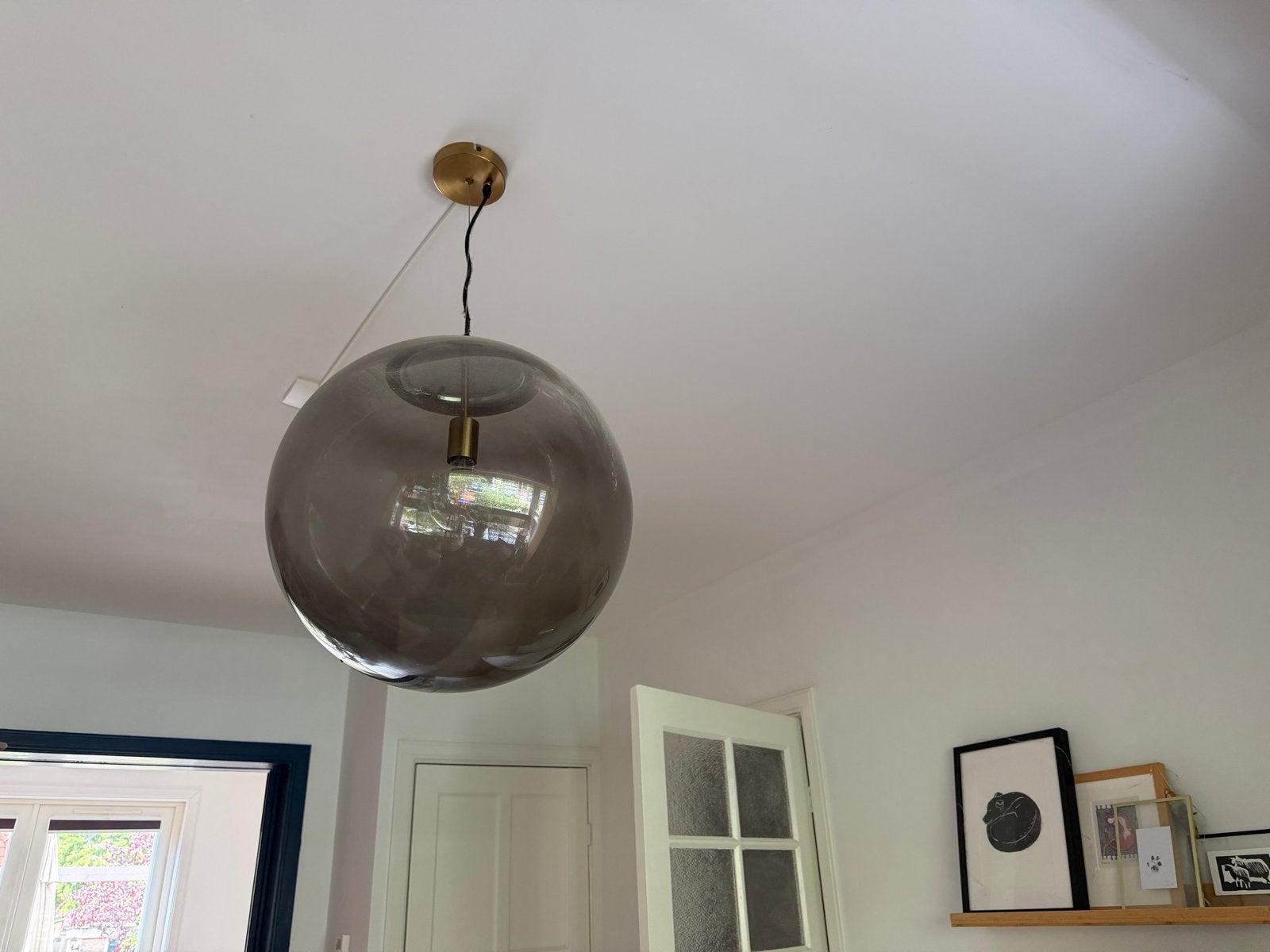 Grote glazen bol hanglamp - Smoke grijs goud, Ophalen, Zo goed als nieuw, Glas, E27 (groot)