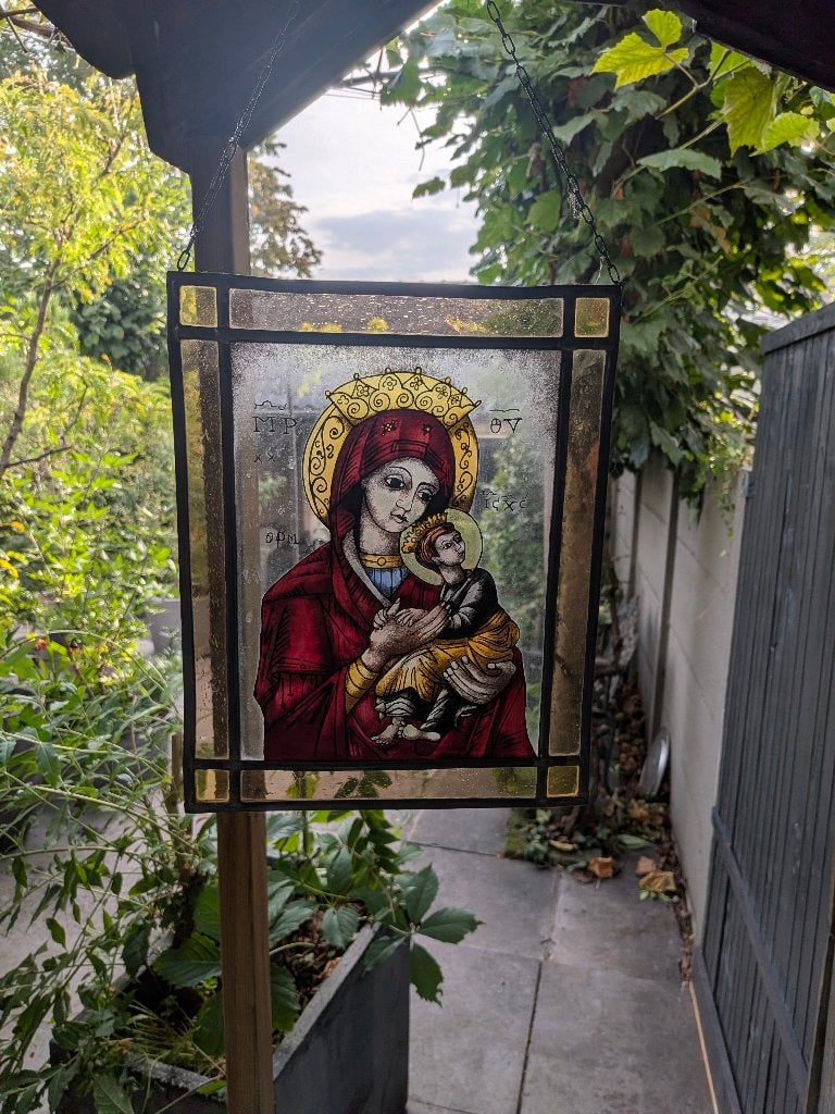 Byzantijns icoon - glasplaat- brocante, Ophalen of Verzenden, Gebruikt, Overige typen, Christendom | Katholiek