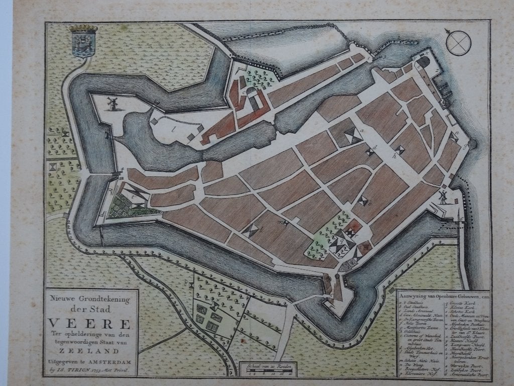 gravure kleur Nieuwe grondtekening stad Veere, Tirion 1753, Verzenden, Cartografie, Gravure, 1700 - 1799