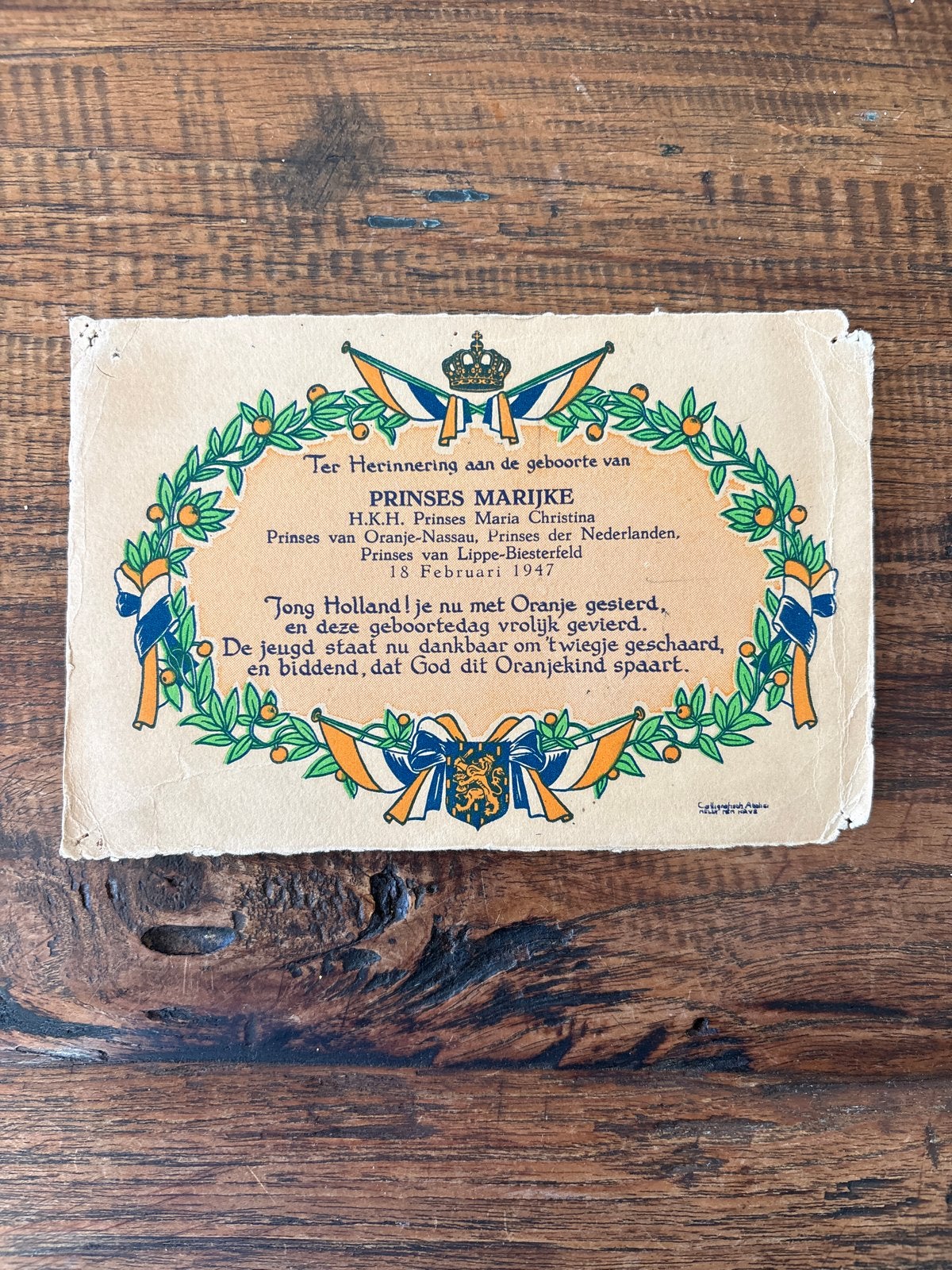 Herinneringskaart Geboorte Prinses Marijke -  1947, Ophalen of Verzenden, Gebruikt, Nederland, Kaart, Foto of Prent