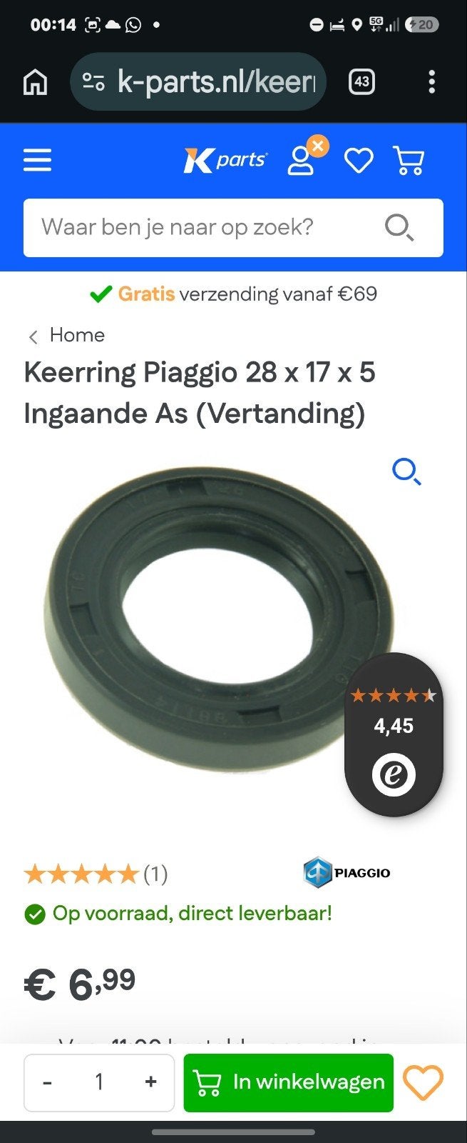 Piaggio Keerring Ingaande As 28x17x5mm, Fietsen en Brommers, Ophalen of Verzenden
