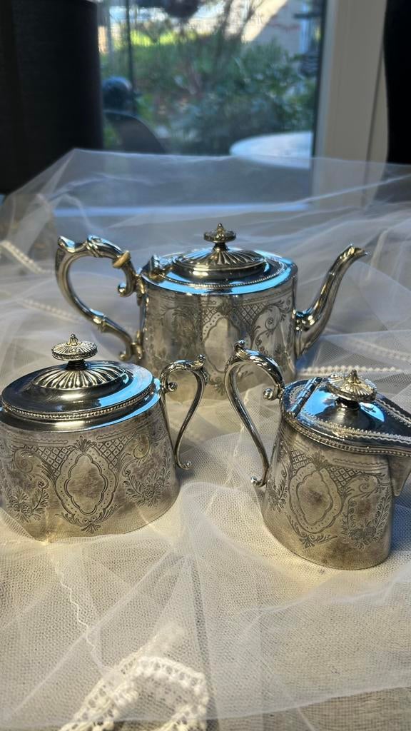 Antiek 3-delig verzilverd servies Sheffield James Dixon Sons, Antiek en Kunst, Antiek | Servies compleet, Ophalen of Verzenden