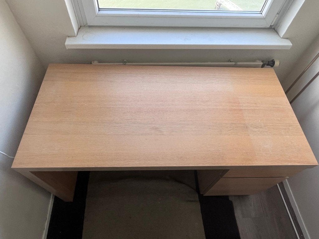 Licht eiken bureau met lade en kastje, al gedemonteerd, Huis en Inrichting, Bureaus, Ophalen, Gebruikt, 120 cm, Bruin
