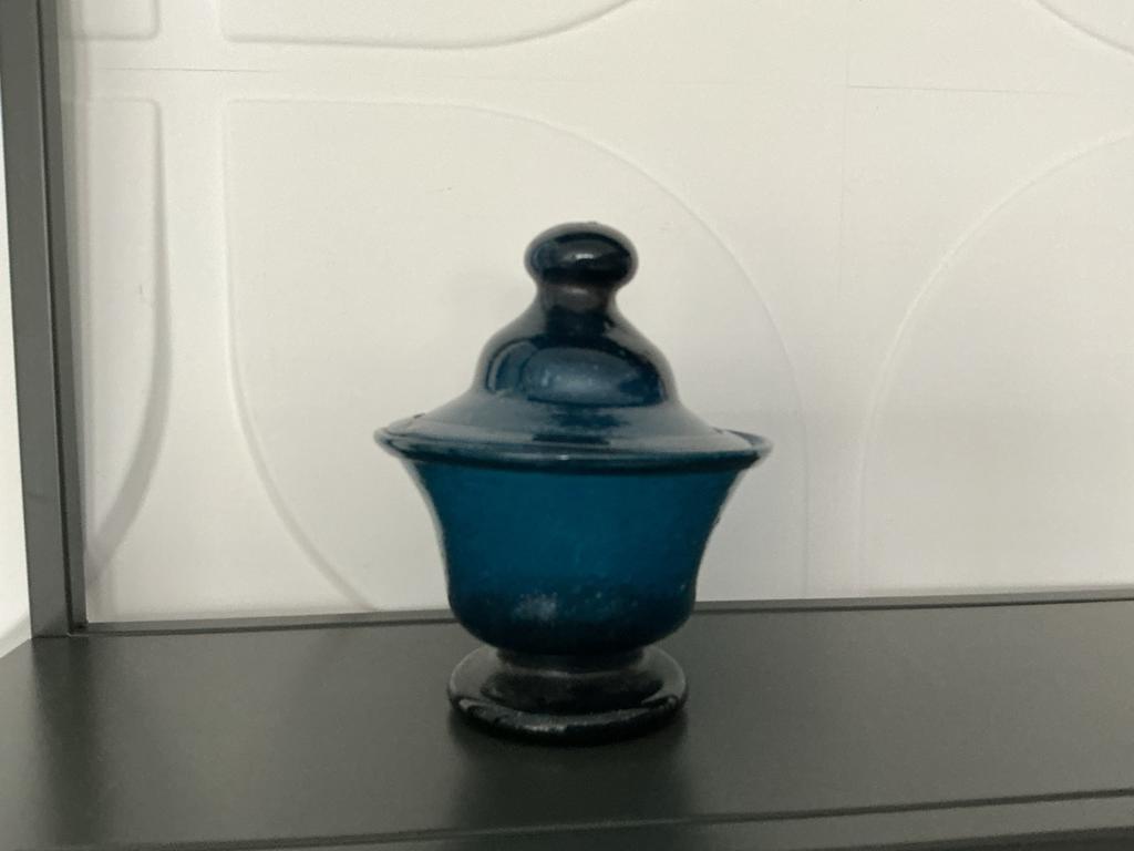 Brocante Blauwe glazen pot met deksel, Ophalen of Verzenden