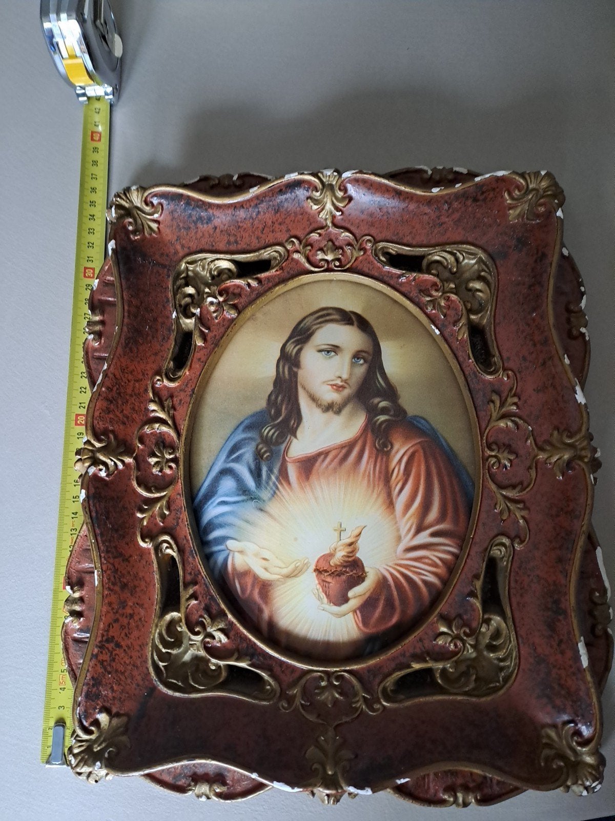 Vintage Jezus Christus Heilig Hart lijst - Goud en Rood, Ophalen of Verzenden