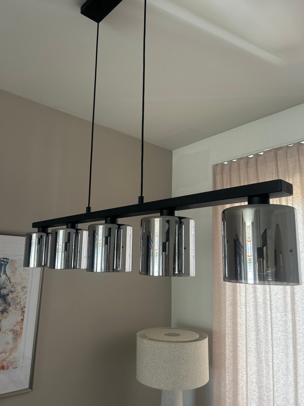 Moderne hanglamp met 5 rookglazen kappen, Ophalen, Zo goed als nieuw, Metaal, E27 (groot)
