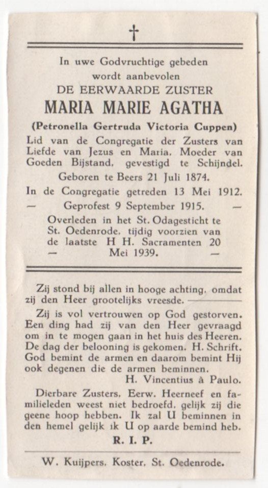 zr. Petronella G.V. Cuppen 1874 Beers + 1939 St. Oedenrode, Verzenden