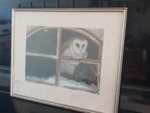 Schilderij Kerkuil achter boerderij raam T. EVENWEL, Ophalen