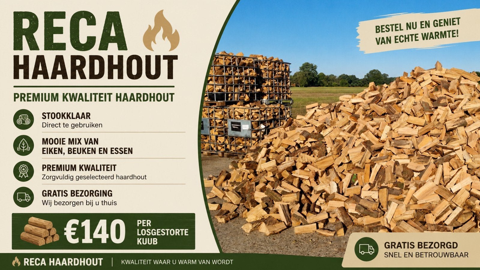 Premium Haardhout - Eiken/Beuken, Stookklaar,  Gratis bezorg, Tuin en Terras, Haardhout, 6 m³ of meer, Ophalen of Verzenden, Overige houtsoorten