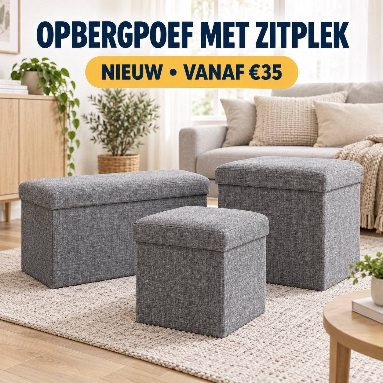 Nieuwe opbergpoef grijs, Huis en Inrichting, Minder dan 50 cm, Ophalen of Verzenden, Zo goed als nieuw, Stof