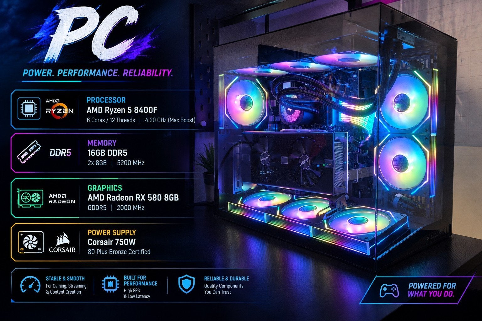 Gaming PC met AMD Ryzen 5, RX 580, 16GB DDR5, 480GB SSD, Computers en Software, Ophalen