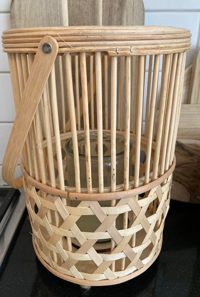 Zgan windlicht bamboe, Huis en Inrichting, Woonaccessoires | Kandelaars en Kaarsen, Ophalen, Zo goed als nieuw, Hout, 25 tot 50 cm