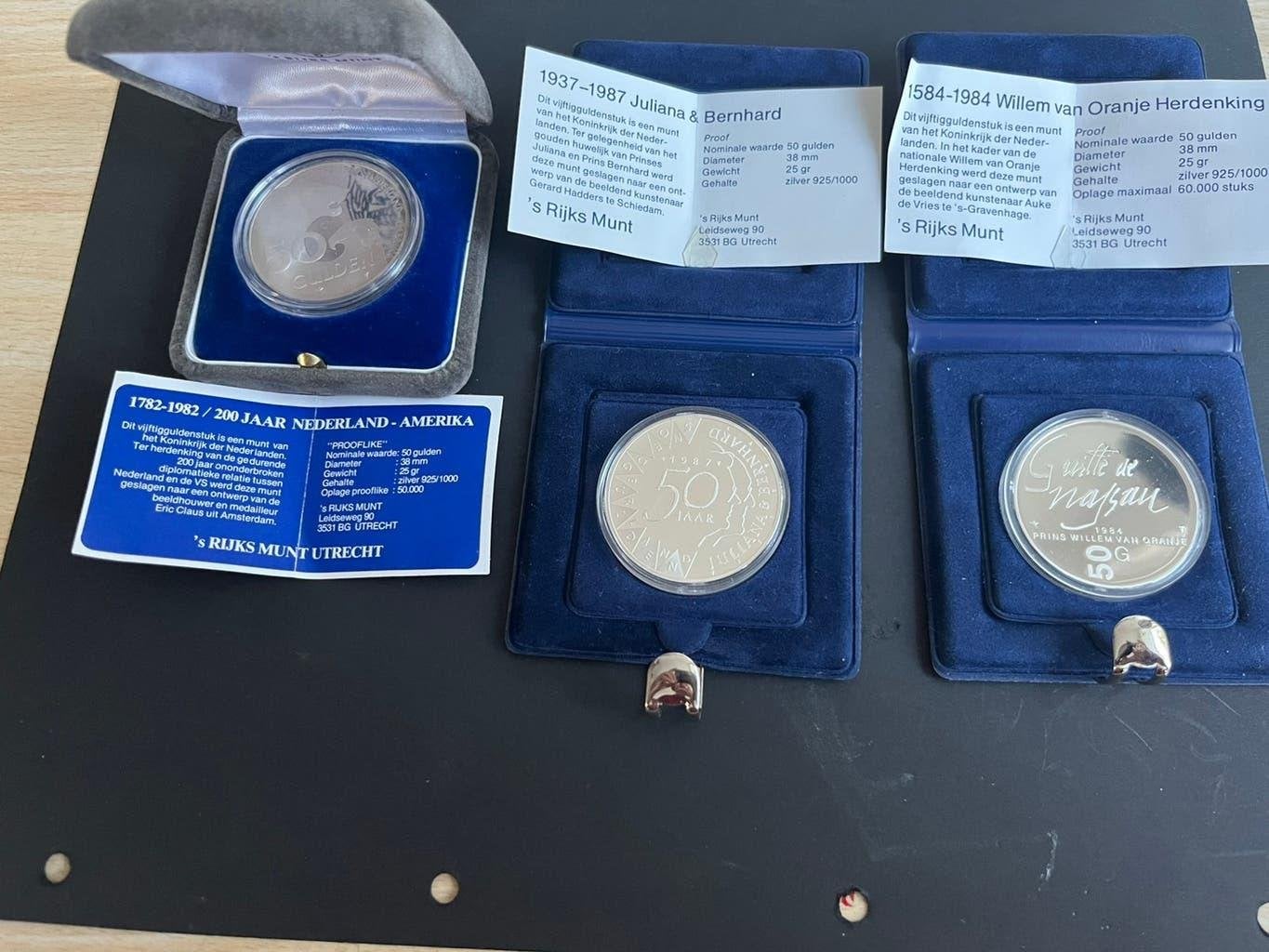 BEATRIX 3 X 50 GULDEN  1X PROOF -LIKE 2X PROOF, Postzegels en Munten, Munten | Nederland, Koningin Beatrix, Zilver, Euro's, Verzenden