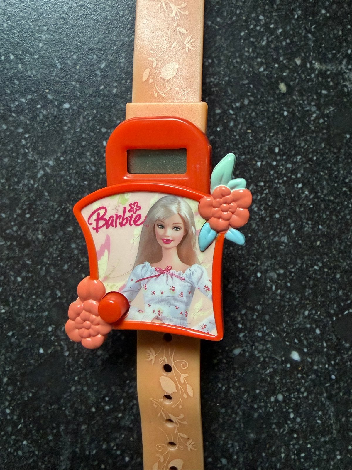 Barbie Horloge - Oranje met Bloemen en Barbie Afbeelding, Ophalen of Verzenden, Gebruikt, Barbie